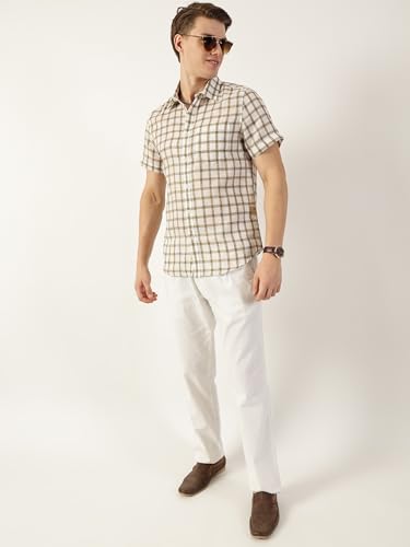 Image of Thomas Scott Men's | Checks | Half Sleeve | Slim Fit | Jute Linen | Spread Collar | Casual Shirt