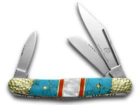 SILVERHORSE STONEWORKS Blue Turquoise Mother of Pearl Stockman Premier Pocket Knife Knives