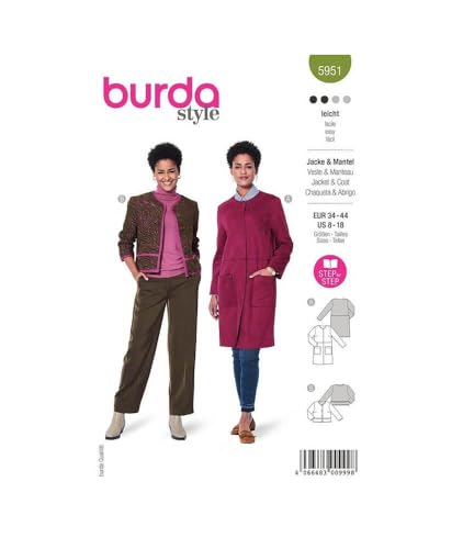 Burda Schnittmuster, 5951, Jacke und Mantel selber nähen [Damen, Gr. 34-44] Level 2 für Anfänger