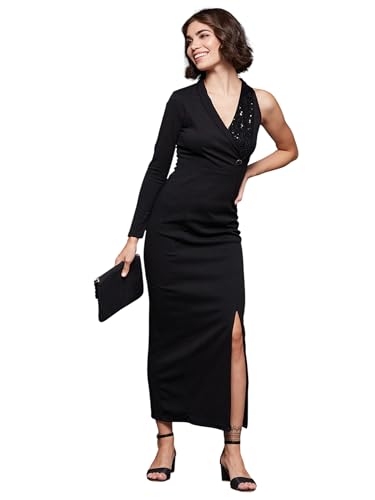 Image of Miss Chase Women's Round Neck Sleeve Embellished Fit Flare Maxi Dress