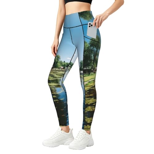 Legging imprimé village pour femme avec poches vêtements de fitness doux