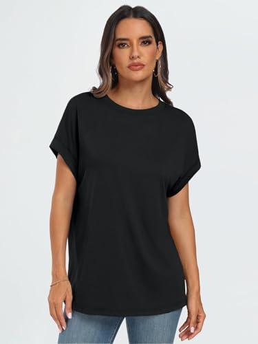 Cuptacc Camiseta Mujer Verano Cuello Redondo Manga Corta Oversize Básica Unicolor Negro Talla XXXL