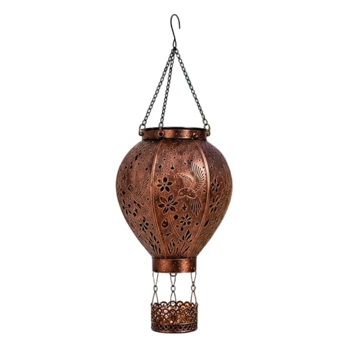 Luz de colibrí solar de metal forjado con silueta de globo aerostático exterior