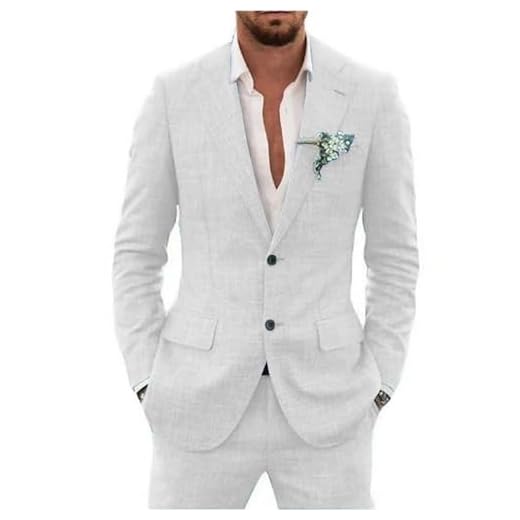 Terno masculino retrô de linho com 2 peças, caimento justo, dois botões, paletó de casamento, padrinhos de verão, praia, blazer e smoking, Branco, M