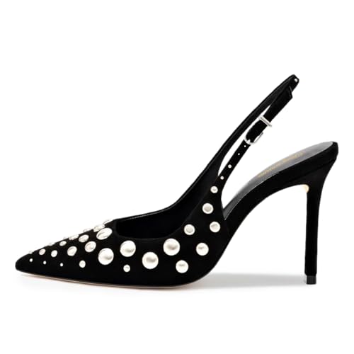 Tang'scuisins Women Studded Stiletto High Heels Slingback Backstrap Pointy Toe Pumps Sexy Party Night Club Dress Sandals Size 4-16 US2