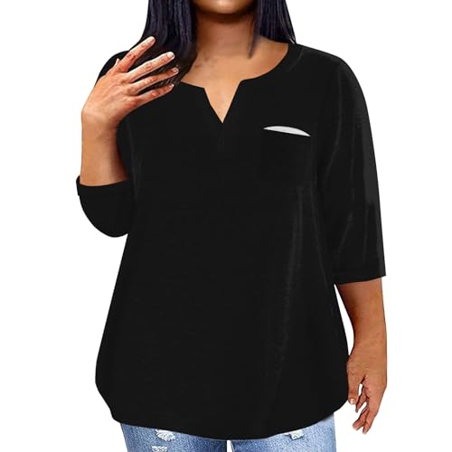 slqdgmryz 3/4 Sleeve Shirts for Women Plus Size Tops for Women Casual Notched V Neck T Shirts Half Sleeve Loose Fit Solid Tunics Or Tops to Wear with Leggings Shirts for Women Trendy Spring