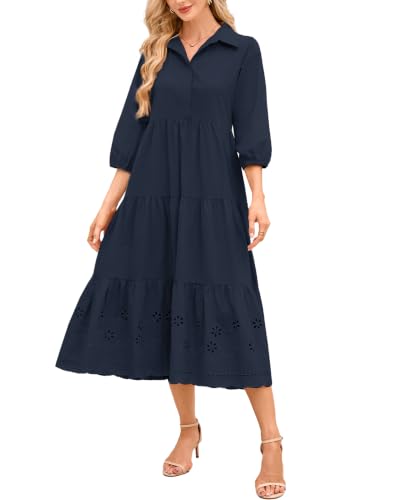 Image of Women Button Down Maxi Shirt Dress Long Sleeve Flowy Tiered Collared Dresses with Pockets
