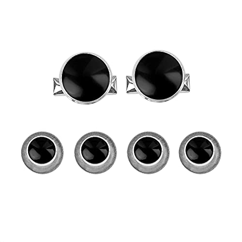 Buttonmode Tuxedo Shirt Studs And Cufflinks, Black With Silver Color Trim, 6 Piece Complete Set (4 Studs For Front, 2 Cufflinks For Sleeves) With 2 Backup Cufflinks, Stainless Steel And Enamel, 1-Set #TOP30