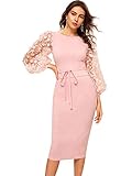 SheIn Women's Elegant Mesh Contrast Bishop Sleeve Tie Front Bodycon Pencil Dress Medium Pink