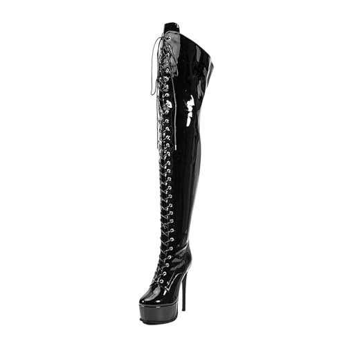 Image of Shiny leather Thigh high boots for Women Stiletto heel Platform Over the knee Round toe back zipper Sexy Front Strappy high heel Cosplay Custume unisex boots