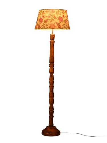 Image of Green Girgit Floral Print Floor Lamp with Taper Red Daisy Shade, Dark Brown Wooden Base, Bedside Night Lamp with, Modern Living Room Light, LED Ambient Lighting, E27 Bulb Compatible, Corded Electric