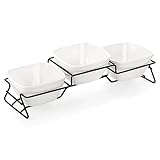 ZENFUN 10 oz Square Bowl Chip & Dip Serving Set, Pocelain Ramekin Bowls with Metal Rack Stand, White Small Serving Dishes, Condiment Serving Tray for Entertaining, Party, Buffets, Christmas
