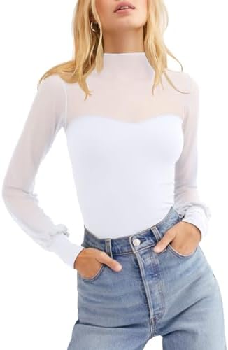 トップス peephole layered tops PINKMSTYLE Women Mock Turtle Neck Sheer Mesh Long Sleeve