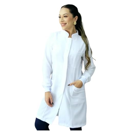 Jaleco Feminino Oxford Gola Padre Botão Embutido Com Punho Enfermeira Dentista Esteticista Médica (M, Branco)