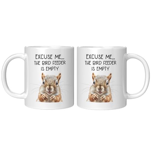 Coveted Goods Funny Squirrel Mug, Excuse Me the Bird Feeder Is Empty 11oz White Ceramic Coffee Mug, Hilarious Gift for Bird Lovers, Birdwatchers, and Backyard Wildlife Enthusiasts by Coveted Goods - Used condition - Image 2