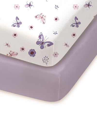 Image of TotChill Pack and Play Sheets Fitted, Soft Purple+Butterflies, Hypoallergenic, Cozy and Safe, 2 Pack for Boys and Girls