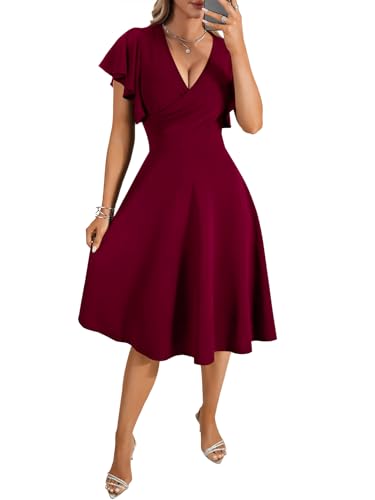 LYANER Women's Warp V Neck Ruffle Short Sleeve A Line Swing Flared Cocktail Party Midi Dress2