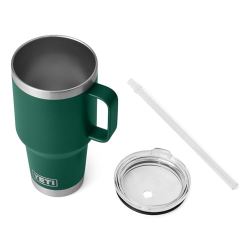 Image of YETI Rambler 35 oz Tumbler with Handle and Straw Lid, Travel Mug Water Tumbler, Vacuum Insulated Cup with Handle, Stainless Steel, Black Forest Green