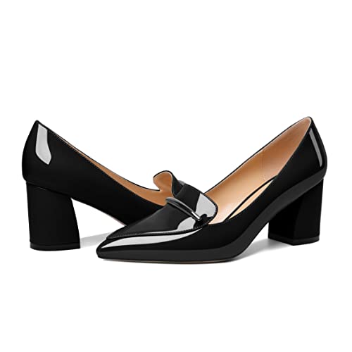 Joseywade Womens Block Heel Pumps Pointed Toe Loafers Chunky Heel Fashion Dress Wedding Shoes for Bride Party Casual Solid Patent Black US Size 104