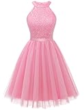 Dressystar Women's Halter Short Sparkly Sequin Tulle Homecoming Cocktail Prom Dress Pink XS