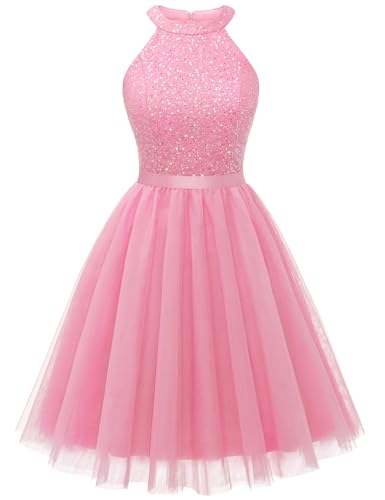 Image of Dressystar Women's Sequin Short Prom Dress Sparkly Halter Tulle Cocktail Party Homecoming Dresses