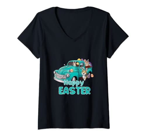 Mujer Bunny Corgi happy easter day truck dog for men women kids Camiseta Cuello V
