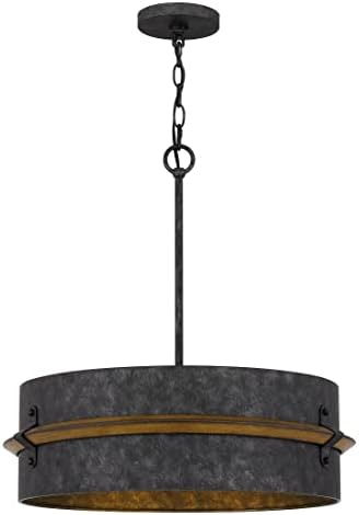 Quoizel Lariat Pendant Lighting, 21 Inch 3-Light Old Black Drum Light with Wooden Trim, Max Adjustable Height 74", 100W Hanging Ceiling Pendant Light for Kitchen Island, Dining, Hallway or Bedroom