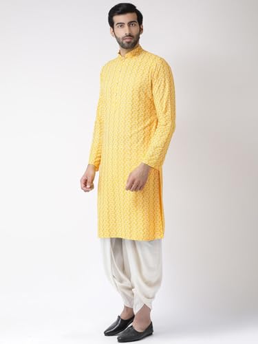 Image of KISAH Men's Kurta Dhoti Set, Yellow Cotton Blend, Printed Mandarin Colla Regular Fitr Long Sleeves