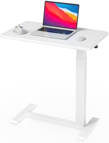 ywin medical adjustable overbed bedside table with wheels, rolling standing desk, pneumatic small side bed table with tray for couch, hospital, home,office use (white) white 28" * 16"