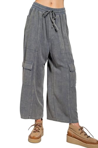 Easel It's All Good Mineral Washed Cargo Wide Leg Pants