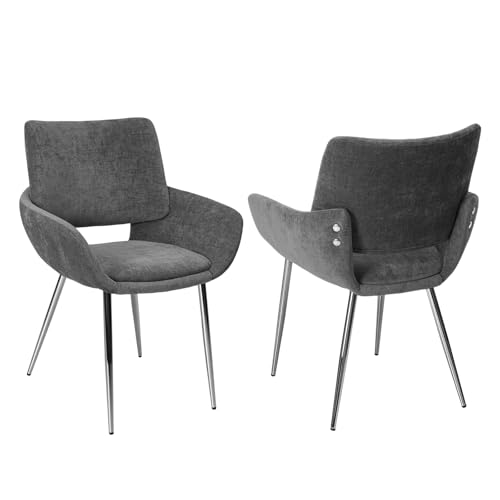 ELUCHANG 2 Sillas de Comedor, Chenilla​ Gris, con Respaldo y Reposabrazos, Patas Doradas, para Comedor, Tocador, Cocina, Estables 150 kg