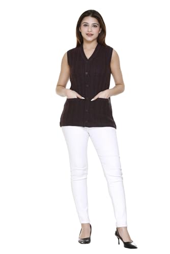 Image of aarbee Self Design Sleeveless V Neck Woollen Cardigan for Women with Front Pockets