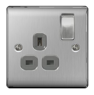 BG Electrical NBS21G Nexus Metal Brushed Steel 1 Gang 13A DP Switched Socket c/w Grey Insert