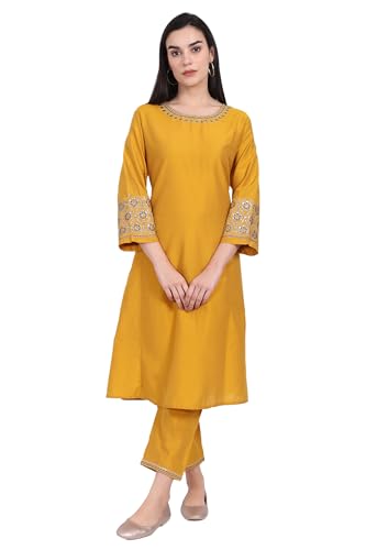 Kurta droite et pantalon brodé jaune taille L résout vos pannes de look