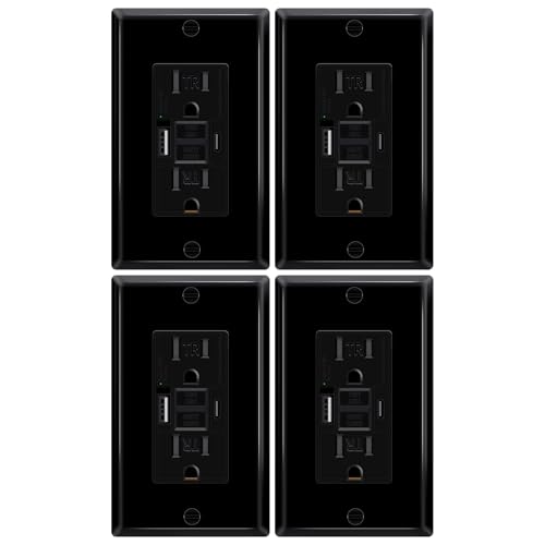 4 Pack Black 15A GFCI Outlet with USB Ports(Type A &amp; C, 4.8A/24W Total Output), GFI Electrical Outlet with 2 USB Charging Ports- Self-Test Tamper-Resistant with LED Indicator, ETL Listed