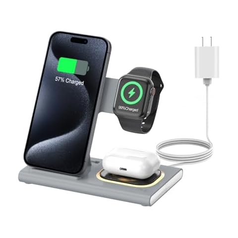 3 in 1 Foldable Charging Station for Apple Products,Fast Wireless Charger Travel Dock Adapter&Light for iPhone 16/15/14/13/12/11/X/XS,for iWatch 10/9/8/7/Ultra2/Ultra,for AirPods 4/3/2/Pro/2(Gray) Cover
