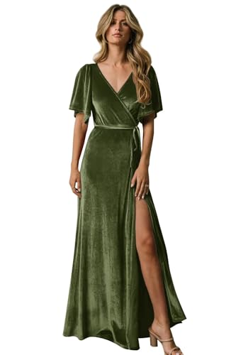 Women's Flutter Sleeve Bridesmaid Dress Velvet V Neck Formal Party Evening Dresses with Slit