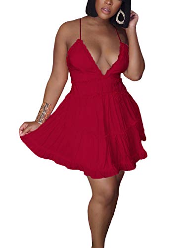 Image of WOKANSE Women Sexy V-Neck Sleeveless Spaghetti Straps Cross Backless Ruched Ruffle Party Club Beach Mini Dresses