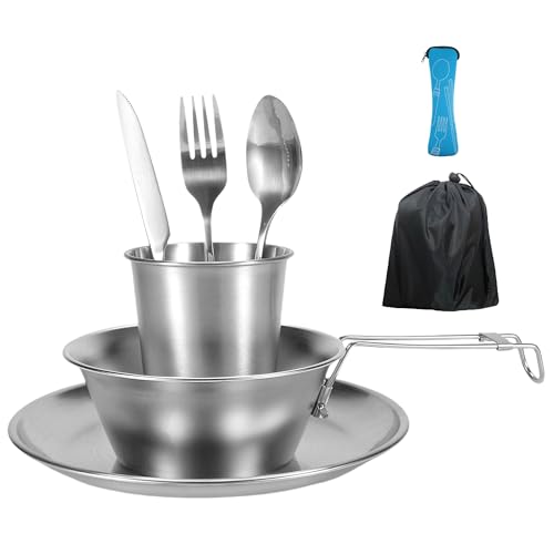 Stoviglie da campeggio per 1 persona, in acciaio inox, set di posate da campeggio, da campeggio, da cucina, con coltello, forchetta, cucchiaio, piatto, ciotola con custodia, accessori da campeggio per
