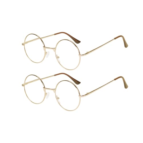 JoXiGo Pack de 2 Gafas de Lectura Hombre Mujer +2.0(Oro+Oro) Redondas Metal Montura + Correa de Gafas