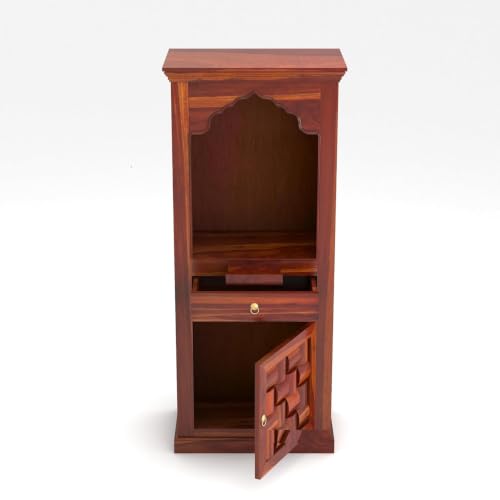 Image of Solid Sheesham Wood Temple for Home & Office /Mandir /God Stand /Pooja Stand /Home Mandap /Mandapam with Cabinet Doors & Multiple Storage /Shelf with Drawers (Honey TmN, 23x15x57 inch)