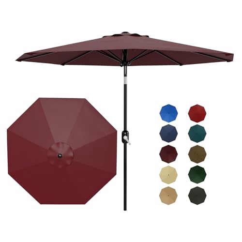 9Ft Patio Umbrella - 8 Sturdy Ribs Outdoor Table Umbrella with Crank Lift & Push Button Tilt - Market Umbrella for Pool, Deck, Yard, Garden - Dark Red