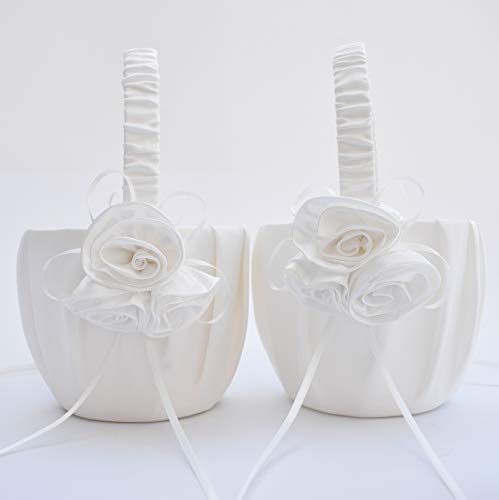 ATAILOVE 2 Pcs Flower Girl Basket Set- 3 Flowers Romantic Design Wedding Flower Baskets (Ivory) - Thumbnail 4