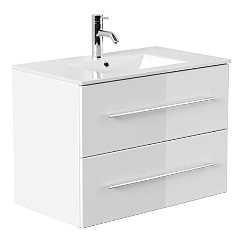 EINFACH GUTE MÖBEL Badezimmer Badmöbel Waschtisch Design-Waschplatz KUBOA 80cm breit | 2 Schubfächer + SoftClose | weiß-Hochglanz … Cover