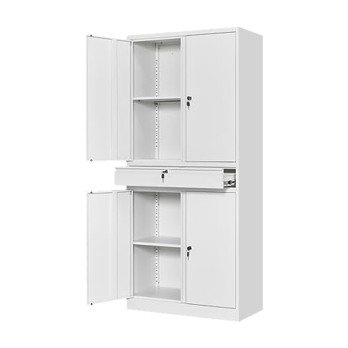 Image of Yizosh Metal Garage Storage Cabinet with Locking Doors and Adjustable Shelves, 71 inch Tool Storage Cabinet with 1 Drawer for Garage,Office,Warehouse (White)