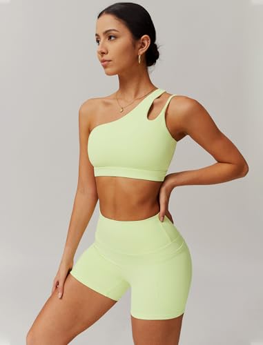 Womens Workout Sets Single Shoulder Straps Sport Bra Matching Shorts 2 Piece Gym Yoga Active Outfits with Pockets2