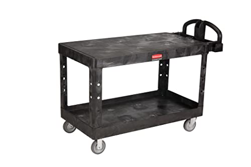 Image of Rubbermaid Commercial Products 2-Shelf Utility /Service Cart, Large, Black, Flat Shelves, Ergonomic Handle, for Warehouse /Garage /Cleaning /Manufacturing