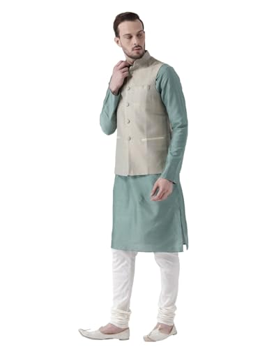 Kisah Men Green Cream Solid Banarasi Kurta With Churidar Nehru Jacket, Full Sleaves, Knee Length, Straight, Regular Fit, Mandarin Collar Ethnic Wear