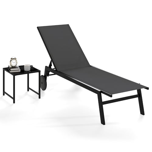 COSTWAY Sonnenliege mit Rollen und Beistelltisch Gartenliege mit Verstellbarer Rückenlehne und schnelltrocknendem Stoff Rollliege bis 150kg belastbar Liegestuhl für Garten Terrasse (Grau)