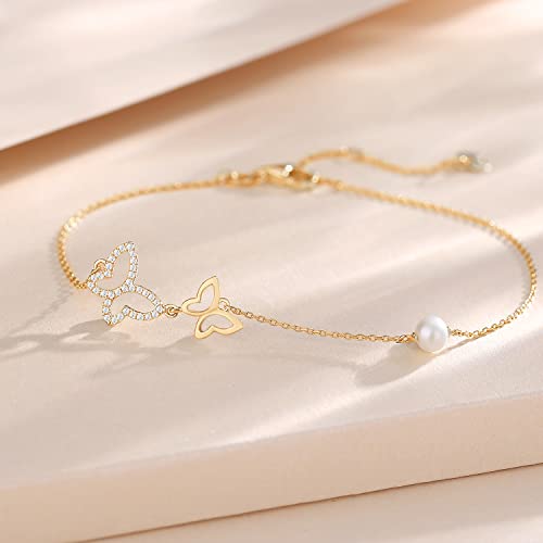 Fancime Real Solid 14K Yellow Gold Butterfly Bracelet With 4Mm Freshwater Pearls Luxury Cubic Zircon Adjustable Bracelet Real Pearl Fine Jewelry For Women Wife Daughter 6.7’’+1.2’’ Extender 1.6G #TOP1
